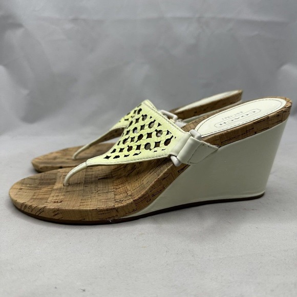 Coach Brook Off White Patent Leather Signature C Wedge Sandals Cork Women 7.5B - Picture 2 of 7